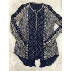 Lucky Brand womens S blue geo pattern boho blouse long sleeve button 55% Line